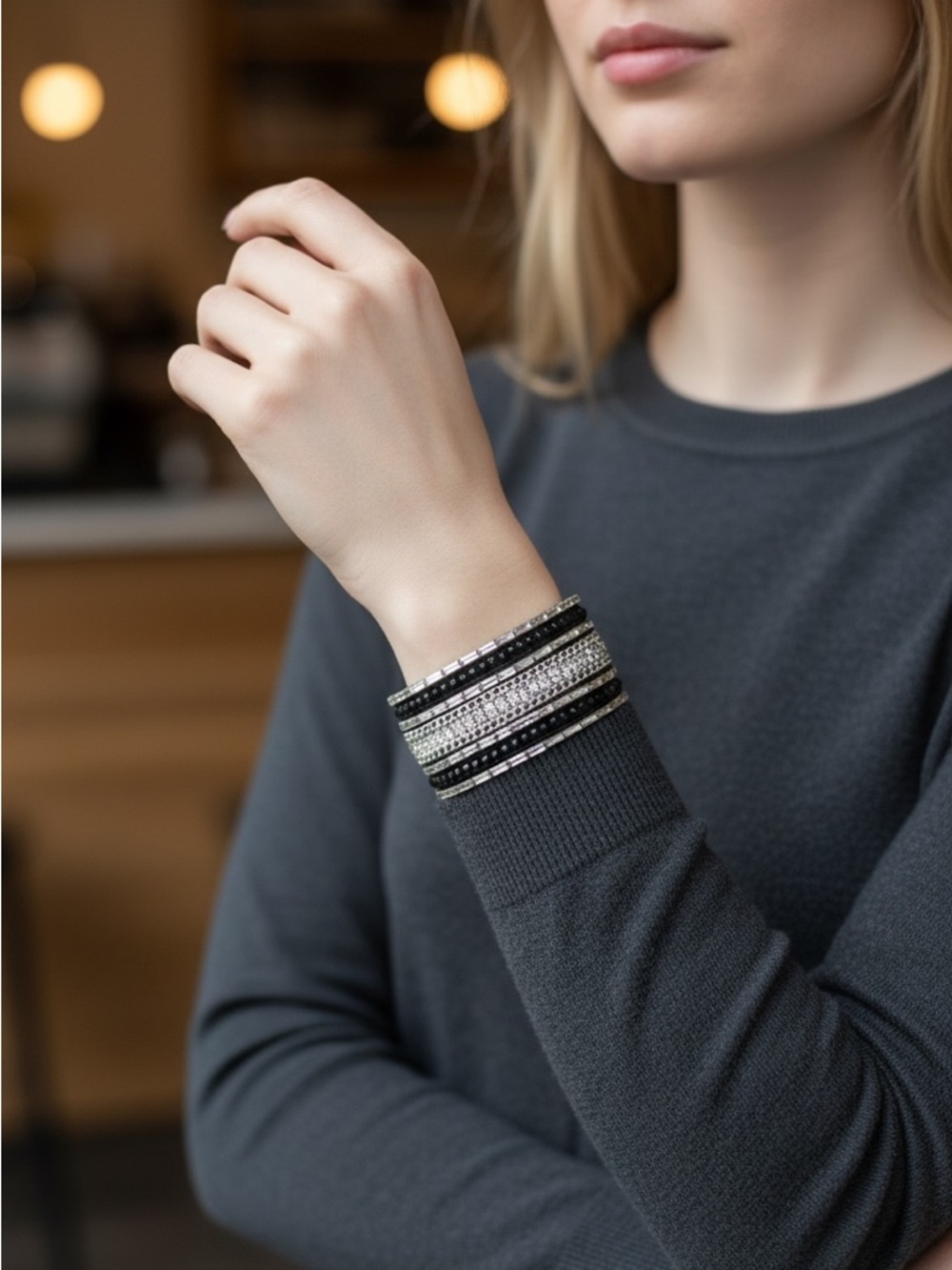 Woven Crystal Wrap Bracelet - Black & Silver